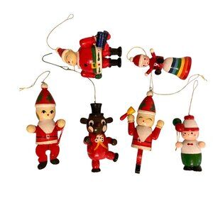 Vintage Christmas Ornaments Hand Painted Wood Santa Claus Elves Lot of 6